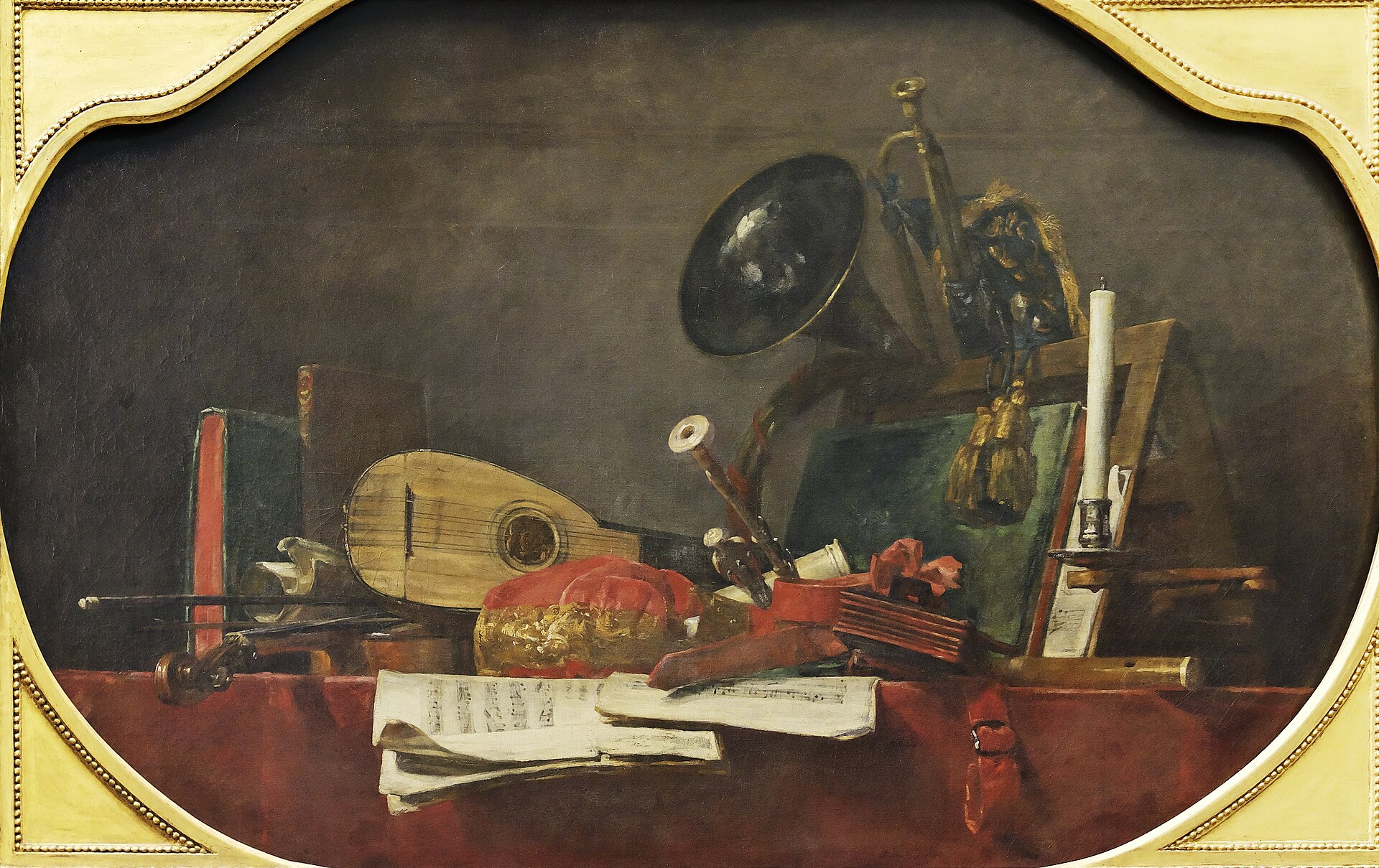 Imagem de referência de Les attributs de la musique, dessus de porte commandé en 1764 pour le château royal de Choisy (Ile-de-France) Pendant du tableau Les attributs des arts, descrito nos dados abertos como pintura de Jean-Baptiste-Siméon Chardin