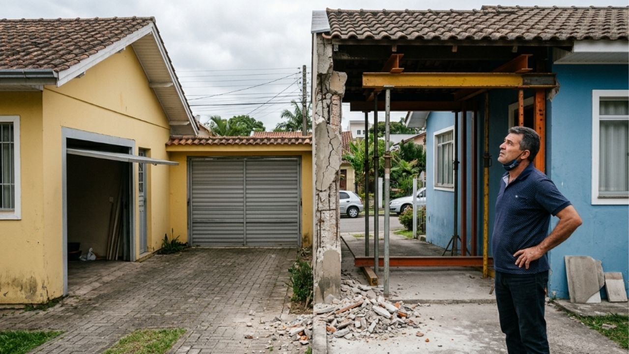 Casal derruba muro para ampliar a garagem e descobre no meio da obra que a coluna que achava sua também sustentava o telhado do vizinho: o que diz a lei sobre parede-meia e quem paga o reforço