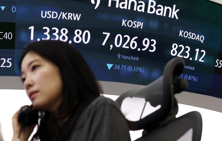 A screen at the dealing room of Hana Bank’s headquarters in Seoul shows the exchange rate, the KOSPI and Kosdaq indices, Thursday. Yonhap