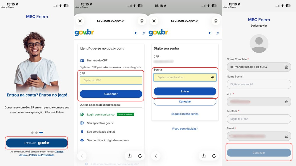 Login no MEC Enem é feito com a conta gov.br, sem custo de cadastro — Foto: TechTudo/Késya Holanda