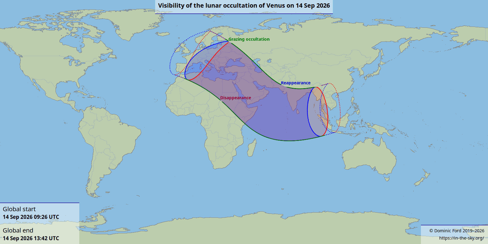 Mapa mostra as regiões do planeta de onde será possível observar a ocultação lunar de Vênus