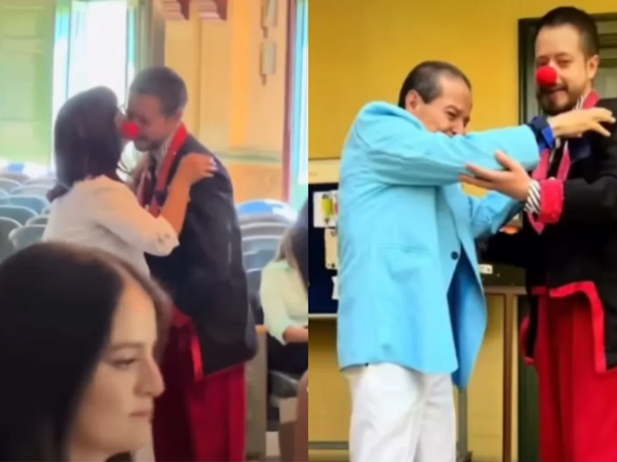 Jovem recebe diploma vestido de palhaço para homenagear o trabalho do pai