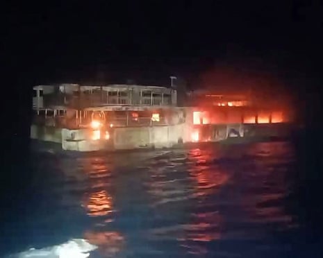 A ferry after catching fire in waters off Coron in Palawan, the Philippines