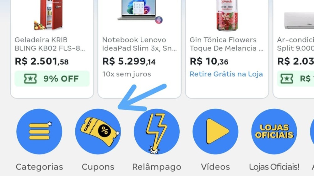 A opção "Cupons" aparece logo ao abrir o aplicativo do Magalu — Foto: Reprodução/Magazine Luiza